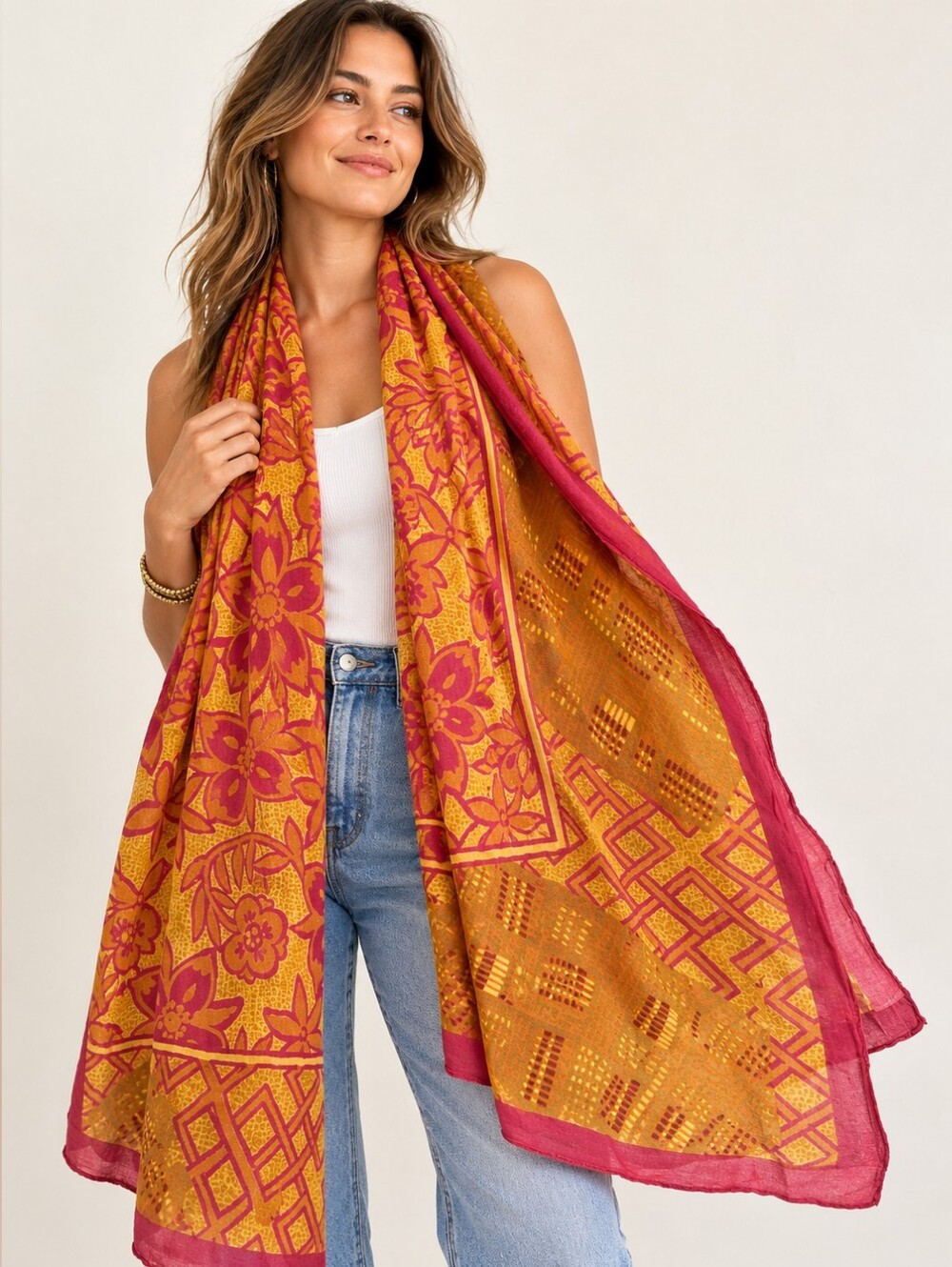 Boho Floral Geometric Scarf Mustard Yellow Fuchsia Lightweight Wrap